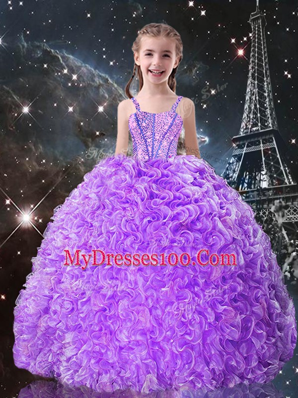 Lilac Ball Gowns Beading and Ruffles Pageant Gowns For Girls Lace Up Organza Sleeveless Floor Length