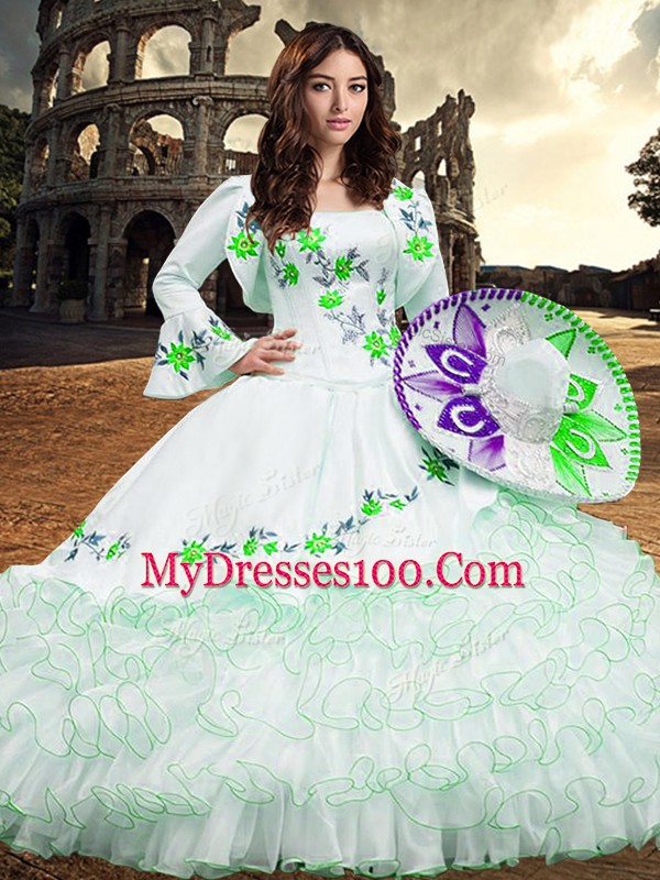 White Square Neckline Embroidery and Ruffled Layers Vestidos de Quinceanera Long Sleeves Lace Up