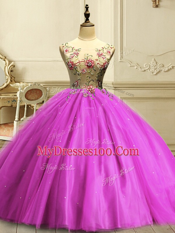 Pretty Fuchsia Sleeveless Tulle Lace Up Sweet 16 Quinceanera Dress for Military Ball and Sweet 16 and Quinceanera