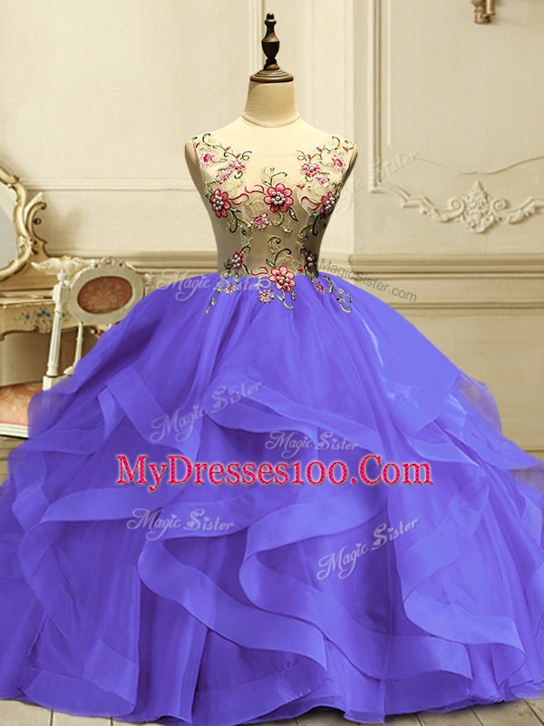 Elegant Floor Length Lavender Vestidos de Quinceanera Organza Sleeveless Appliques and Ruffles