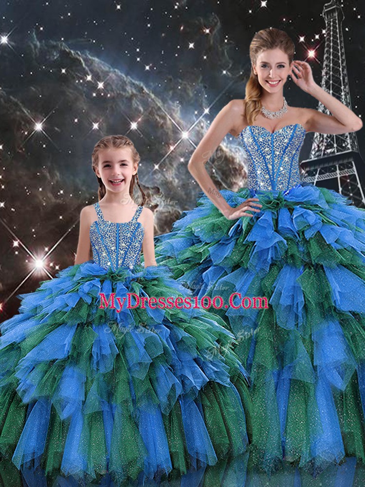 Custom Design Multi-color Organza Lace Up Sweetheart Sleeveless Floor Length Quinceanera Dress Beading and Ruffles and Ruffled Layers