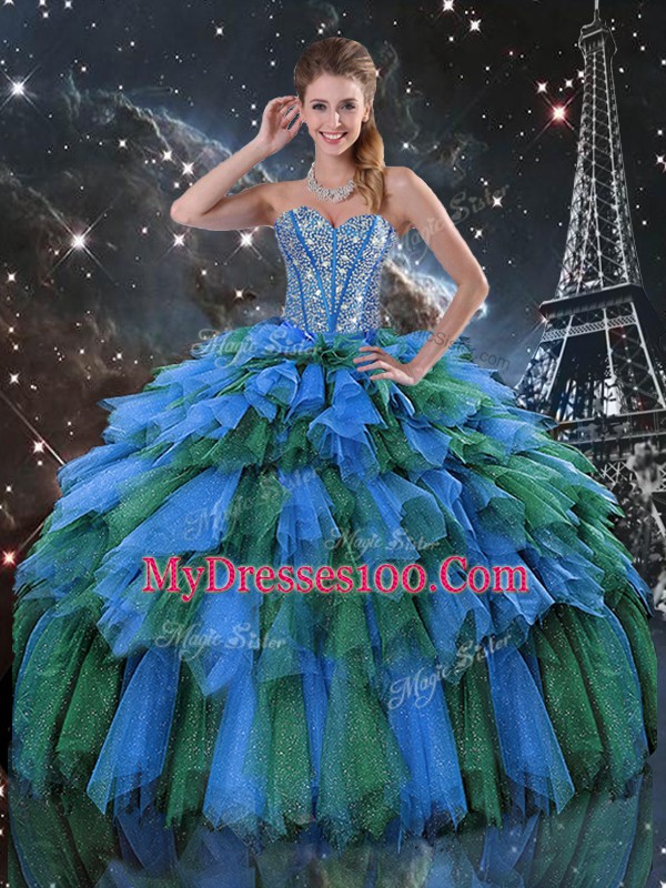 Custom Design Multi-color Organza Lace Up Sweetheart Sleeveless Floor Length Quinceanera Dress Beading and Ruffles and Ruffled Layers