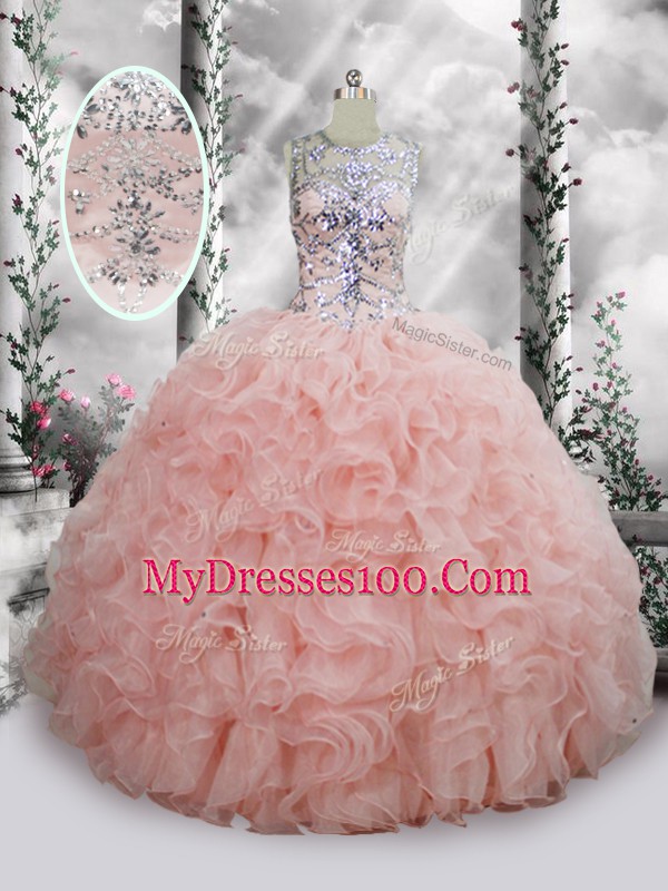 Floor Length Ball Gowns Sleeveless Baby Pink Quinceanera Gowns Lace Up