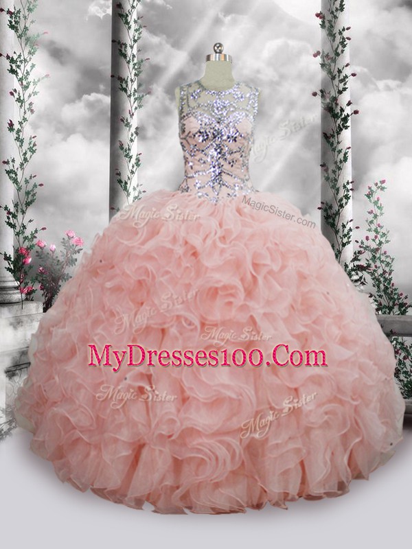 Floor Length Ball Gowns Sleeveless Baby Pink Quinceanera Gowns Lace Up