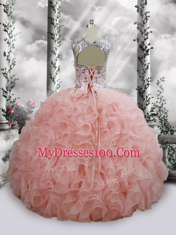 Floor Length Ball Gowns Sleeveless Baby Pink Quinceanera Gowns Lace Up