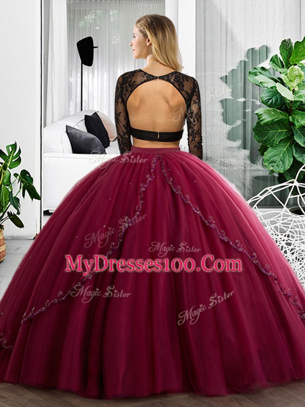 Customized Blue Tulle Backless Quinceanera Dresses Long Sleeves Floor Length Lace and Ruching