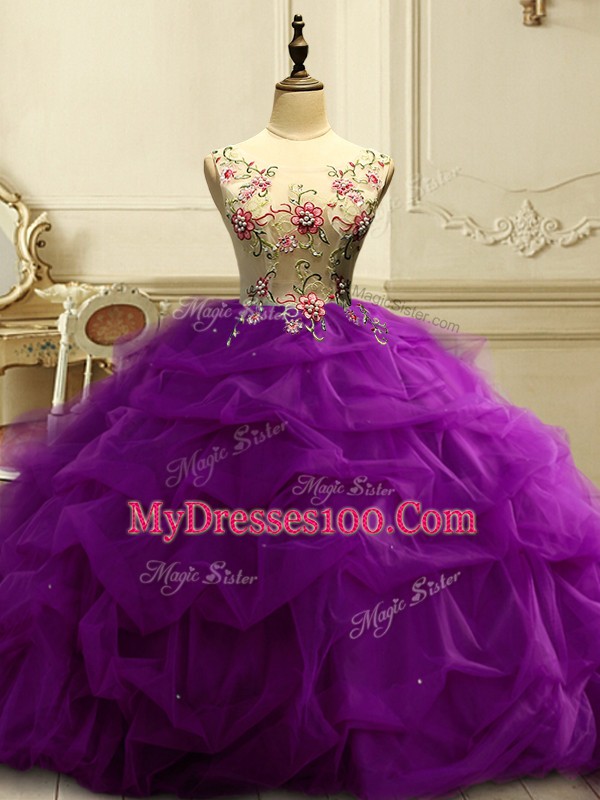 Best Purple Sleeveless Appliques and Ruffles and Sequins Floor Length Sweet 16 Dress