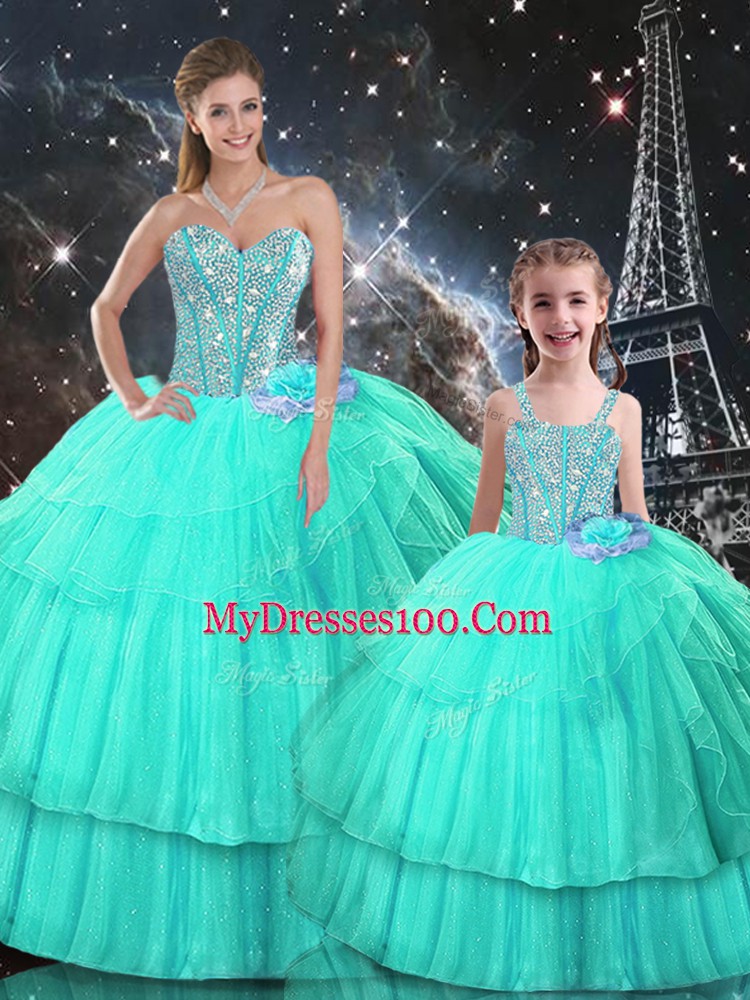 Turquoise Organza Lace Up Sweetheart Sleeveless Floor Length Quinceanera Dress Ruffled Layers