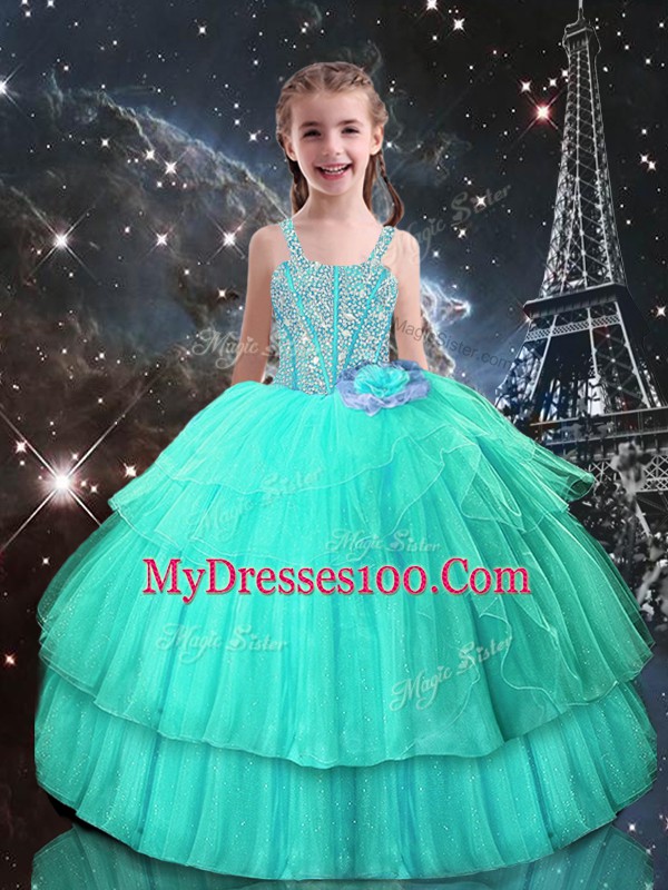 Turquoise Organza Lace Up Sweetheart Sleeveless Floor Length Quinceanera Dress Ruffled Layers