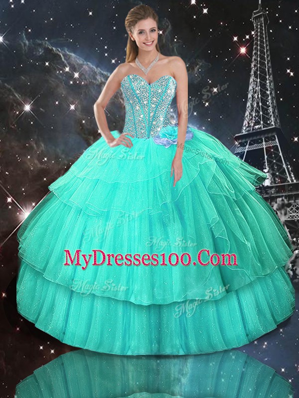 Turquoise Organza Lace Up Sweetheart Sleeveless Floor Length Quinceanera Dress Ruffled Layers