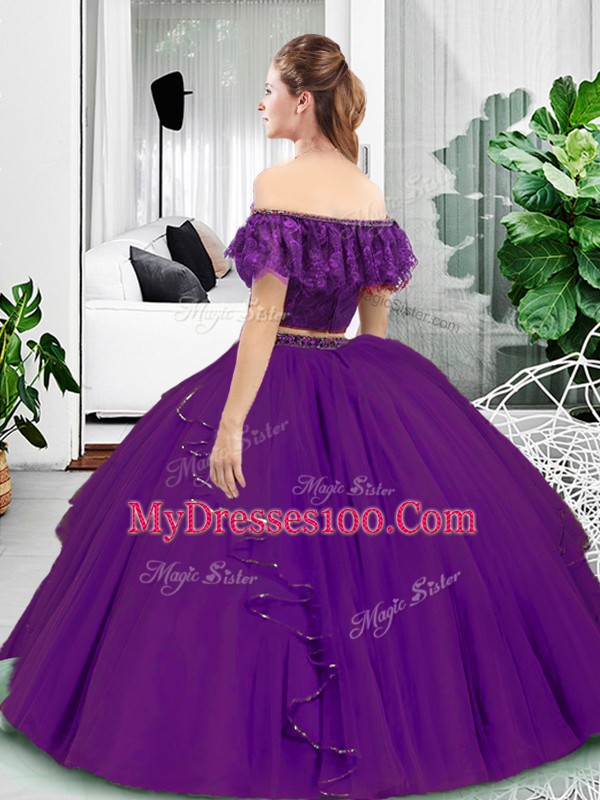 Exceptional Eggplant Purple Sleeveless Lace and Ruffles Floor Length Vestidos de Quinceanera