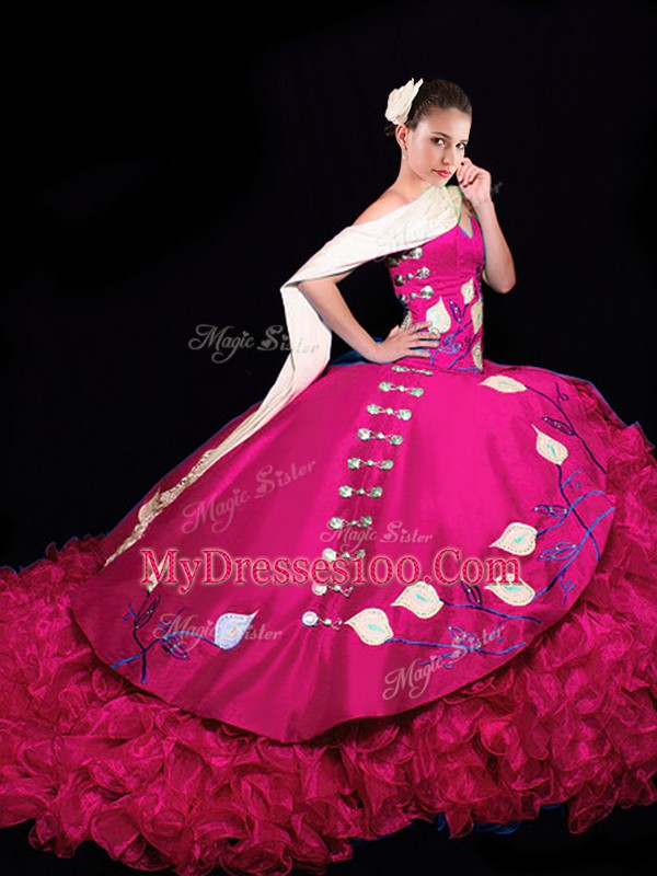 Sweet Fuchsia Lace Up Sweet 16 Dress Embroidery and Ruffles Sleeveless Brush Train