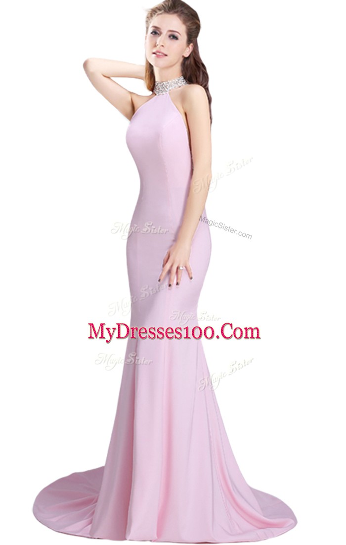 Colorful Sleeveless Elastic Woven Satin Brush Train Side Zipper Prom Dresses in Baby Pink with Beading