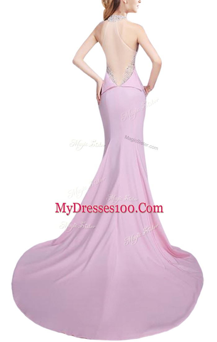 Colorful Sleeveless Elastic Woven Satin Brush Train Side Zipper Prom Dresses in Baby Pink with Beading