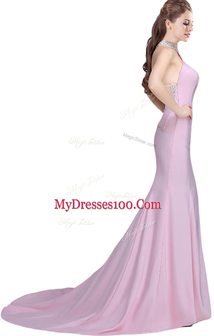 Colorful Sleeveless Elastic Woven Satin Brush Train Side Zipper Prom Dresses in Baby Pink with Beading