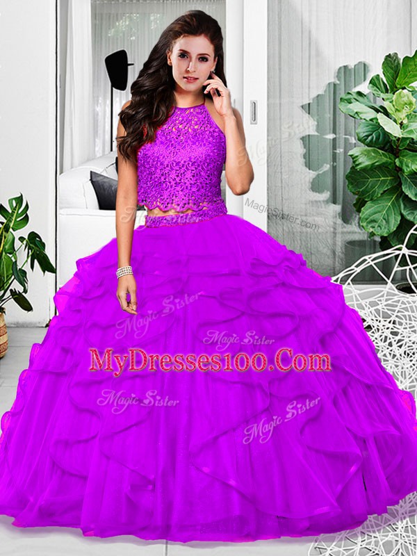 Shining Eggplant Purple Sleeveless Tulle Zipper Vestidos de Quinceanera for Military Ball and Sweet 16 and Quinceanera