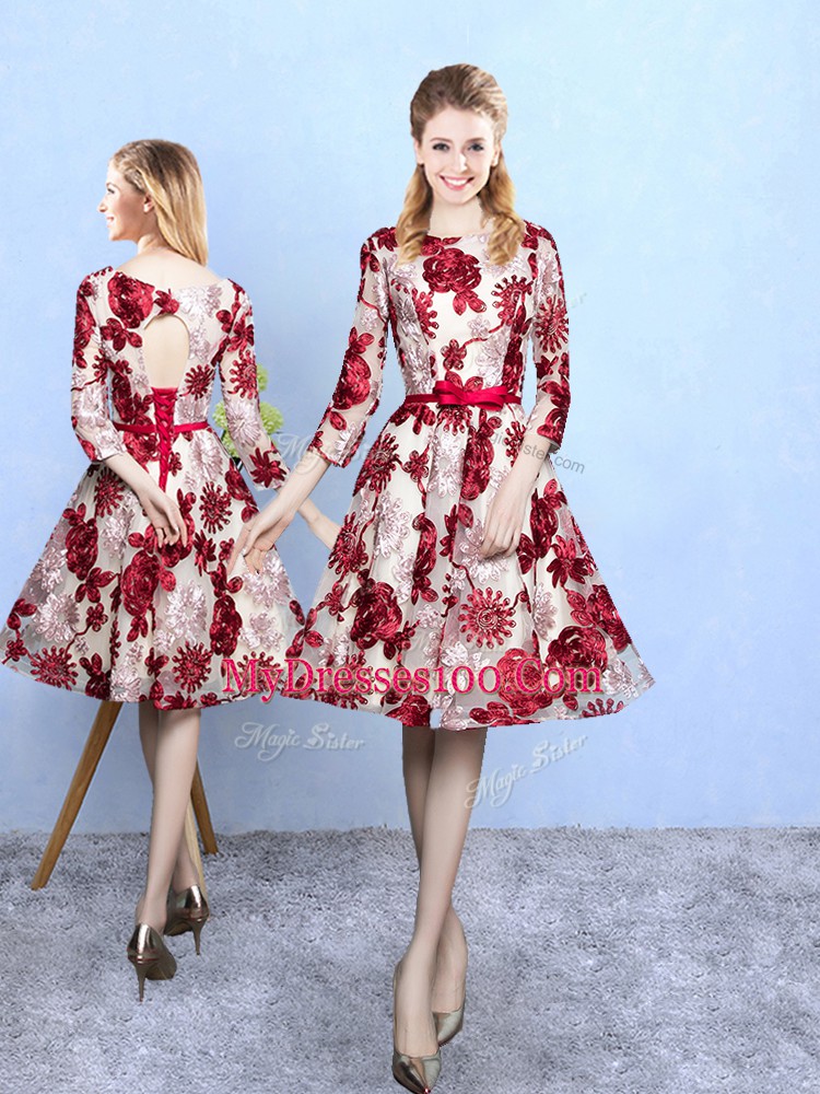 Unique Multi-color Printed Lace Up Scoop 3 4 Length Sleeve Knee Length Quinceanera Court of Honor Dress Pattern
