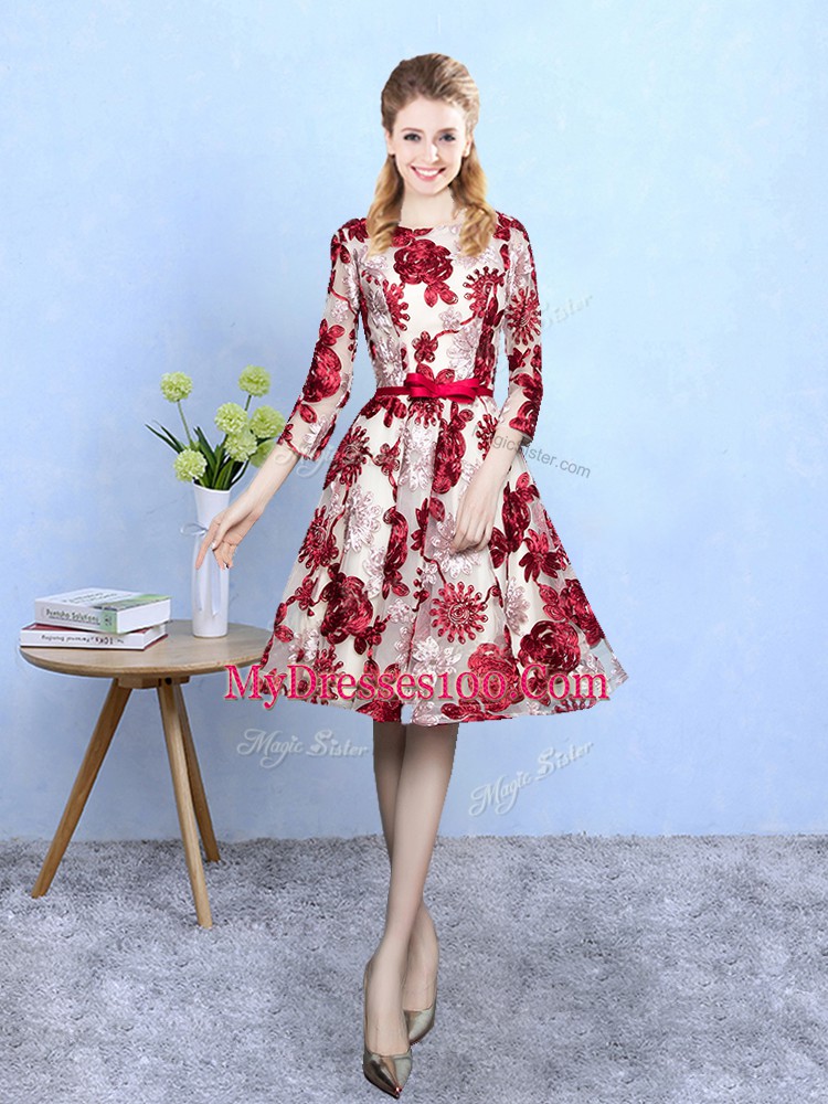 Unique Multi-color Printed Lace Up Scoop 3 4 Length Sleeve Knee Length Quinceanera Court of Honor Dress Pattern