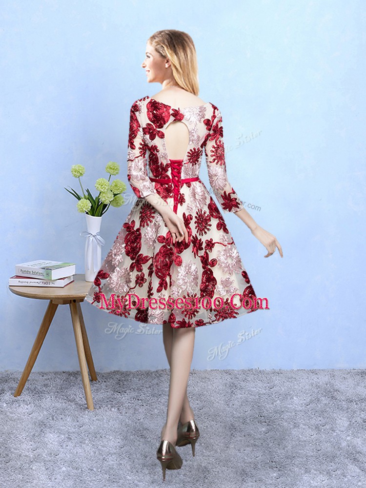 Unique Multi-color Printed Lace Up Scoop 3 4 Length Sleeve Knee Length Quinceanera Court of Honor Dress Pattern
