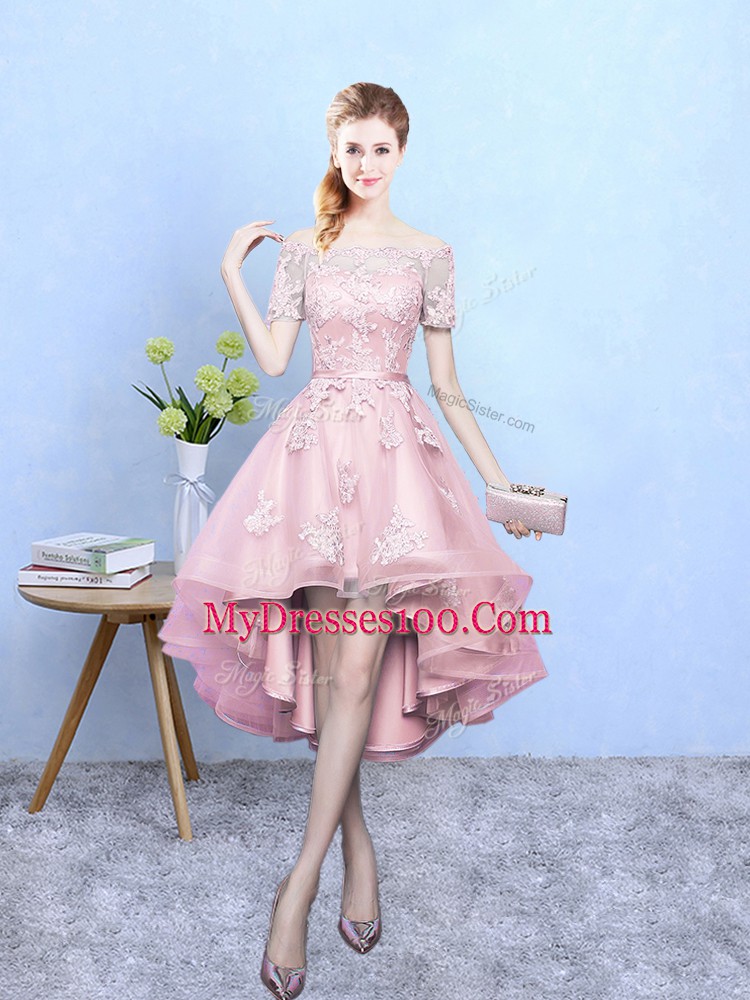 Baby Pink Lace Up Bridesmaid Gown Lace Short Sleeves High Low