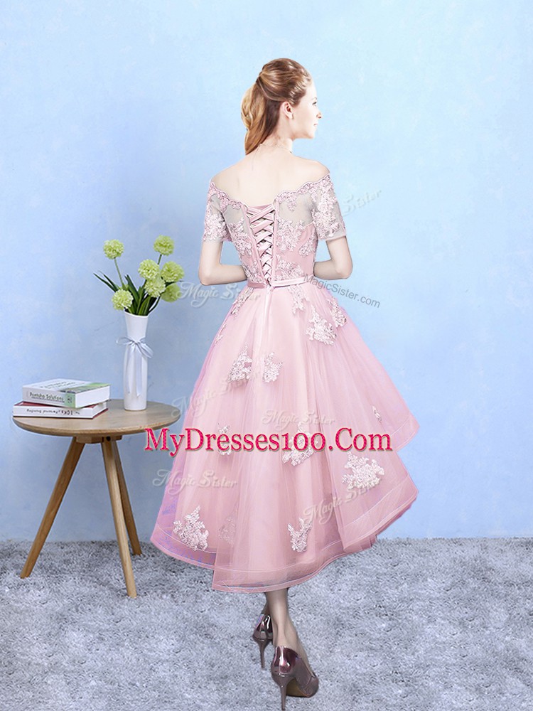 Baby Pink Lace Up Bridesmaid Gown Lace Short Sleeves High Low