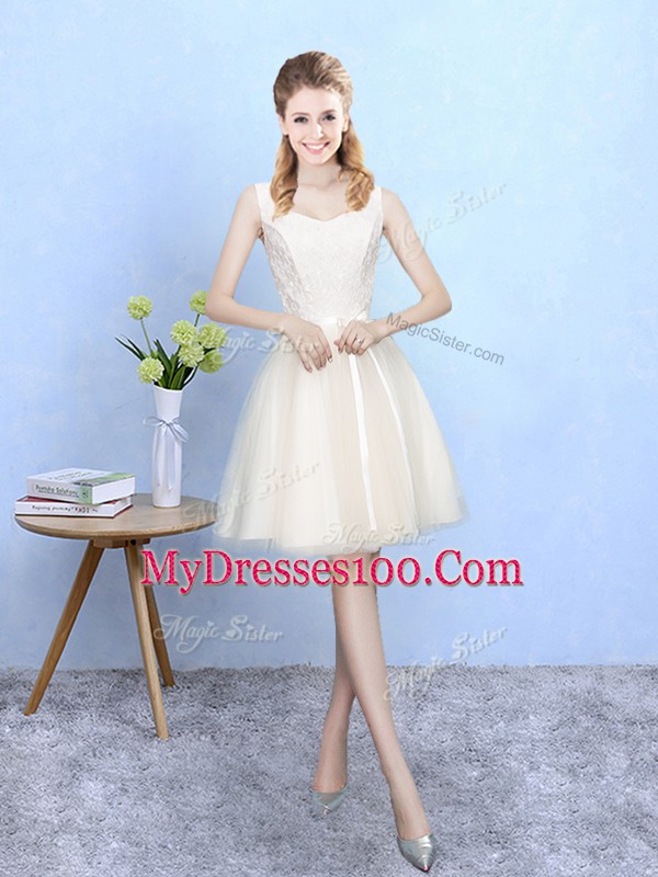 Champagne Wedding Guest Dresses Wedding Party with Lace Square Sleeveless Lace Up