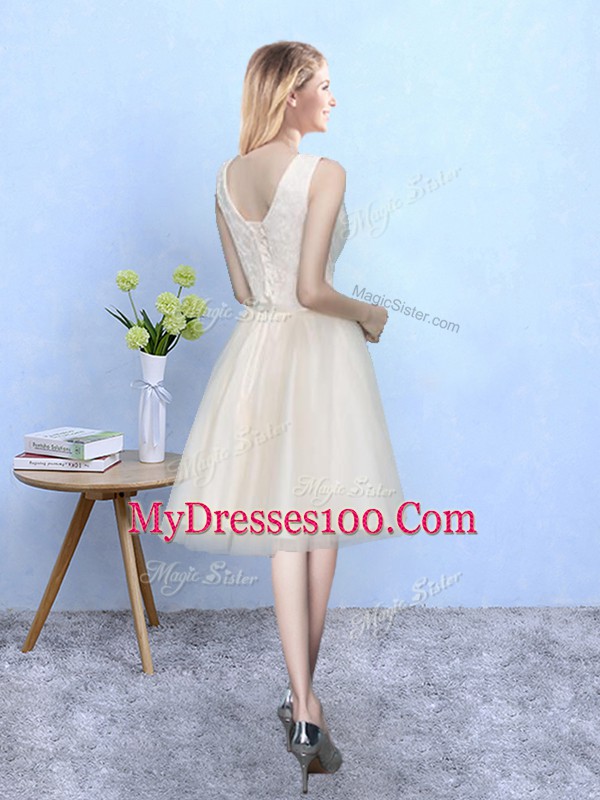 Champagne Wedding Guest Dresses Wedding Party with Lace Square Sleeveless Lace Up