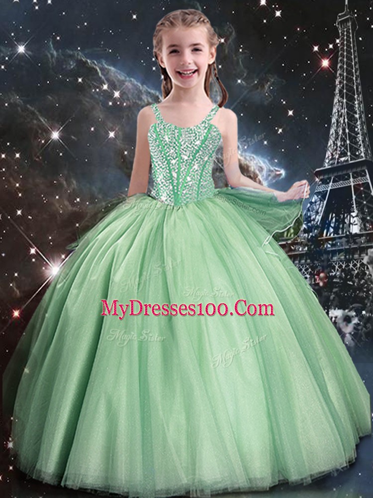 Gorgeous Floor Length Apple Green Little Girl Pageant Gowns Tulle Sleeveless Beading