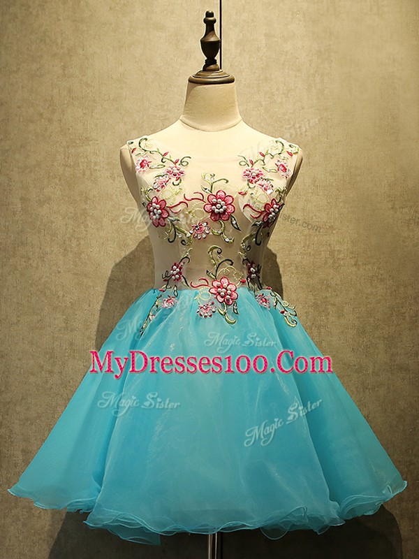 Modern Mini Length Lace Up Prom Evening Gown Baby Blue for Prom and Party with Appliques