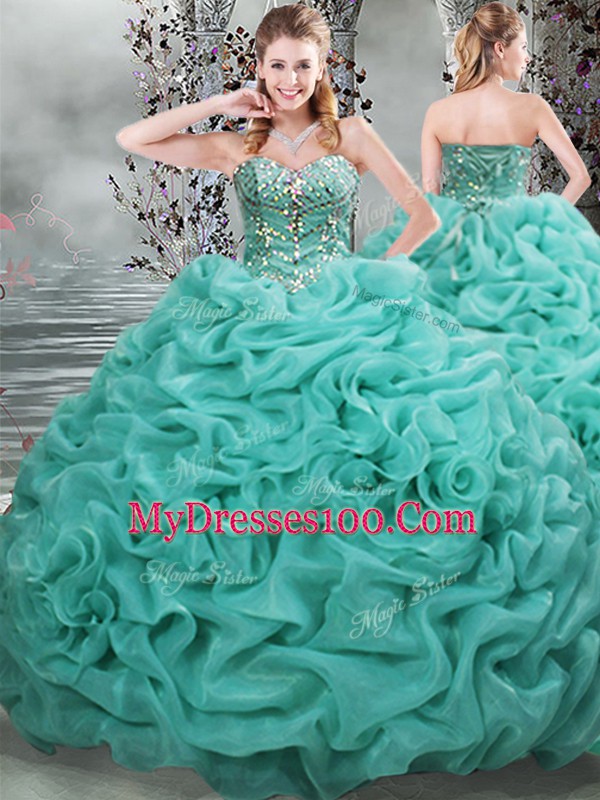 Pretty Turquoise Organza Lace Up Vestidos de Quinceanera Sleeveless Brush Train Beading and Pick Ups