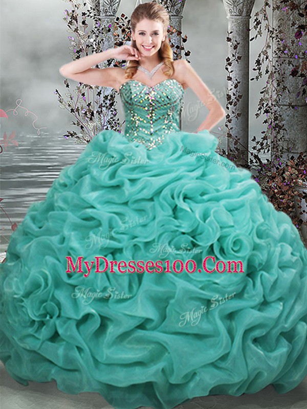 Pretty Turquoise Organza Lace Up Vestidos de Quinceanera Sleeveless Brush Train Beading and Pick Ups