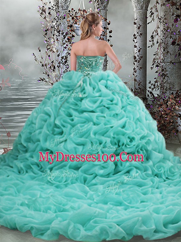 Pretty Turquoise Organza Lace Up Vestidos de Quinceanera Sleeveless Brush Train Beading and Pick Ups