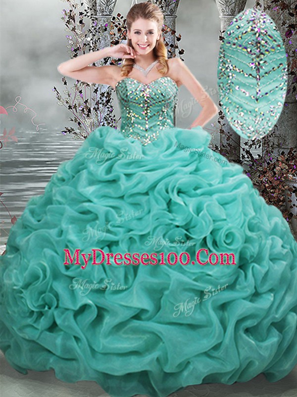 Pretty Turquoise Organza Lace Up Vestidos de Quinceanera Sleeveless Brush Train Beading and Pick Ups