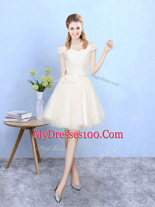 Sexy Champagne Tulle Lace Up Quinceanera Court of Honor Dress Cap Sleeves Knee Length Lace