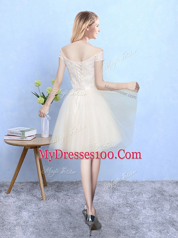 Sexy Champagne Tulle Lace Up Quinceanera Court of Honor Dress Cap Sleeves Knee Length Lace