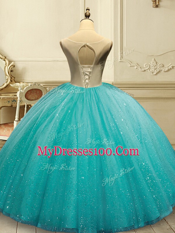 Fantastic Scoop Sleeveless Quinceanera Dress Floor Length Appliques and Sequins Gold Tulle