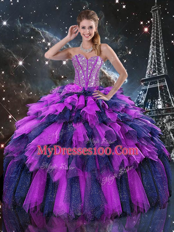Hot Sale Sweetheart Sleeveless Organza Quinceanera Dresses Beading and Ruffles and Ruffled Layers Lace Up