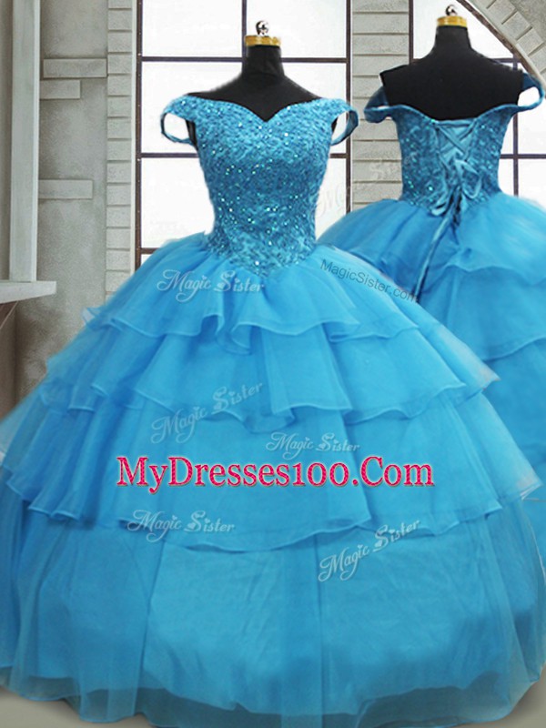 Deluxe Baby Blue Lace Up Quinceanera Gown Beading and Ruffled Layers Sleeveless Brush Train