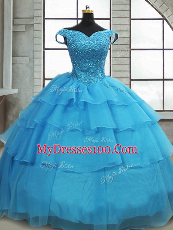 Deluxe Baby Blue Lace Up Quinceanera Gown Beading and Ruffled Layers Sleeveless Brush Train