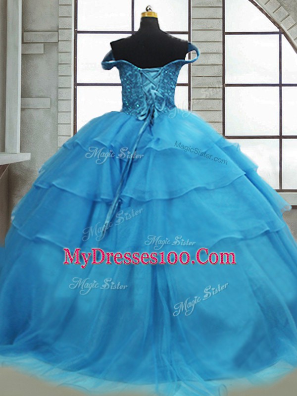 Deluxe Baby Blue Lace Up Quinceanera Gown Beading and Ruffled Layers Sleeveless Brush Train
