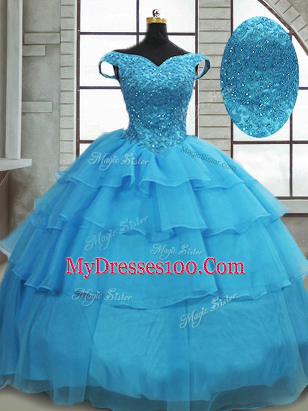Deluxe Baby Blue Lace Up Quinceanera Gown Beading and Ruffled Layers Sleeveless Brush Train