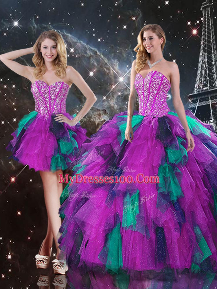 Luxury Sleeveless Floor Length Beading and Ruffles Lace Up Quinceanera Gowns with Multi-color