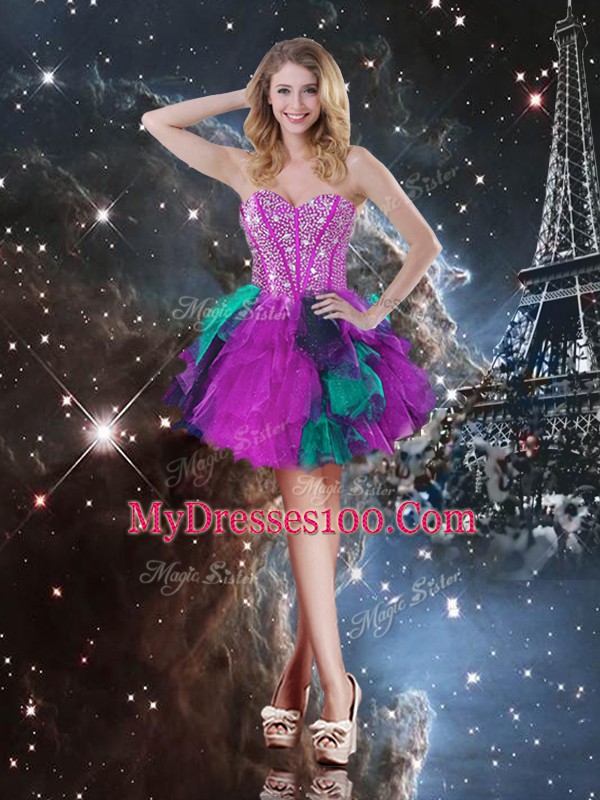 Luxury Sleeveless Floor Length Beading and Ruffles Lace Up Quinceanera Gowns with Multi-color