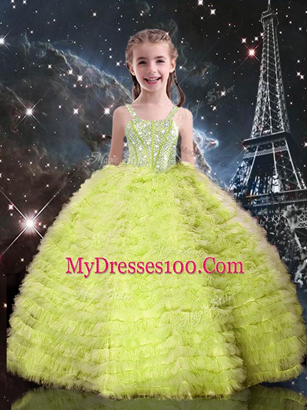 Perfect Yellow Green Tulle Lace Up Straps Sleeveless Floor Length Little Girl Pageant Gowns Beading and Ruffled Layers
