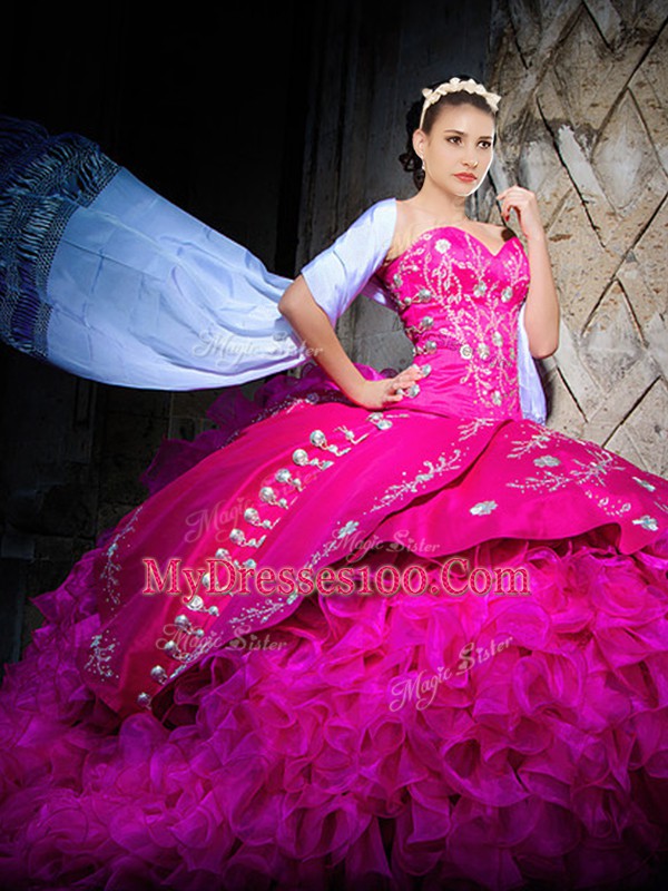 Delicate Sleeveless Organza Brush Train Lace Up 15th Birthday Dress in Fuchsia with Embroidery and Ruffles