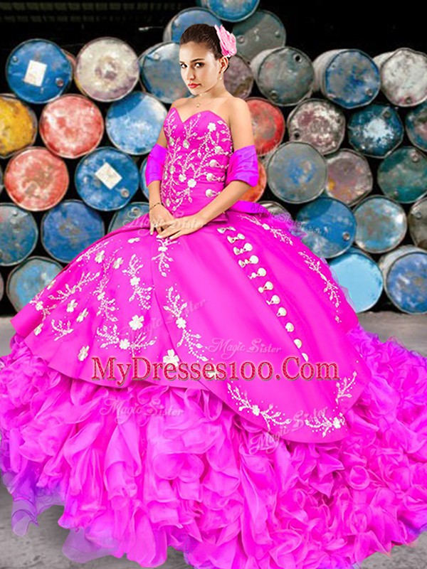 Delicate Sleeveless Organza Brush Train Lace Up 15th Birthday Dress in Fuchsia with Embroidery and Ruffles