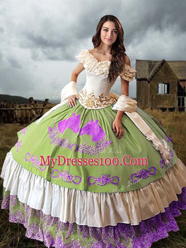 Dynamic Multi-color Ball Gowns Off The Shoulder Sleeveless Taffeta Brush Train Lace Up Embroidery and Ruffled Layers 15 Quinceanera Dress