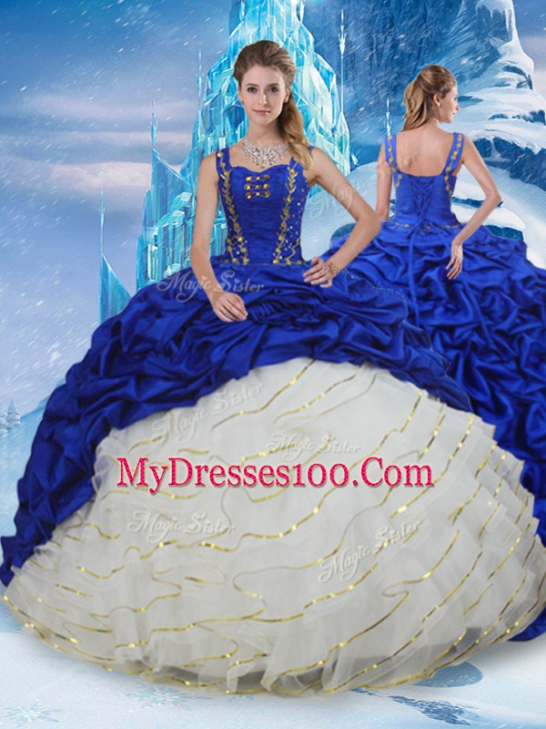 Beauteous Blue And White Quinceanera Gowns Taffeta Brush Train Sleeveless Ruffled Layers and Pick Ups