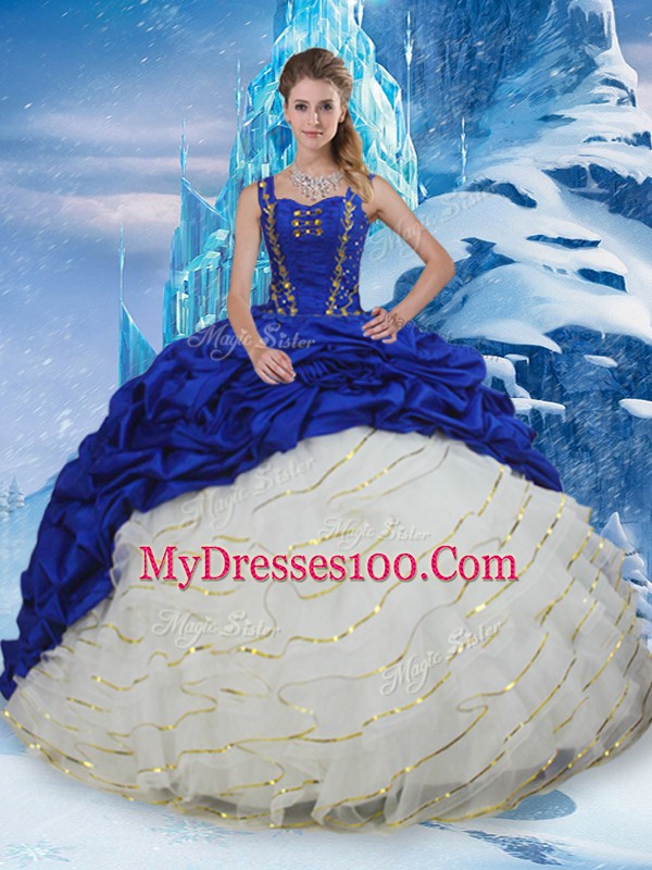 Beauteous Blue And White Quinceanera Gowns Taffeta Brush Train Sleeveless Ruffled Layers and Pick Ups