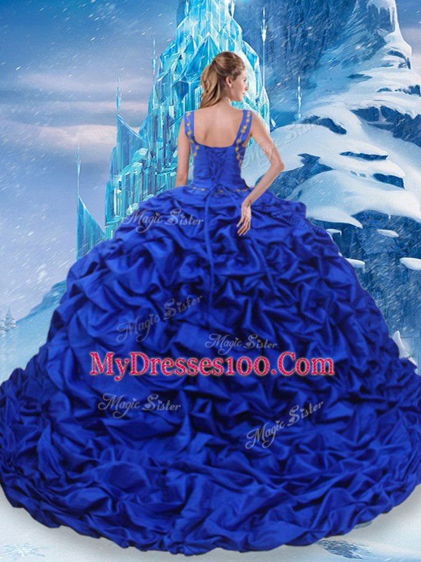 Beauteous Blue And White Quinceanera Gowns Taffeta Brush Train Sleeveless Ruffled Layers and Pick Ups